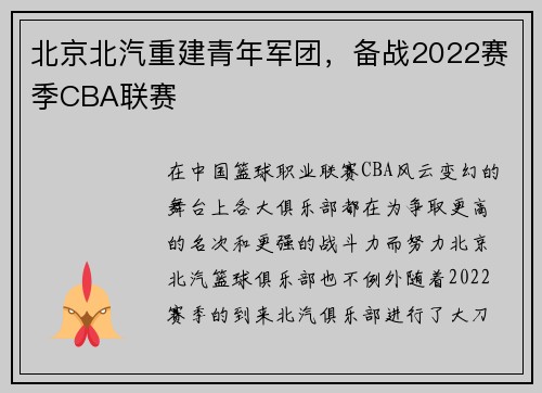 北京北汽重建青年军团，备战2022赛季CBA联赛