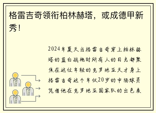 格雷吉奇领衔柏林赫塔，或成德甲新秀！