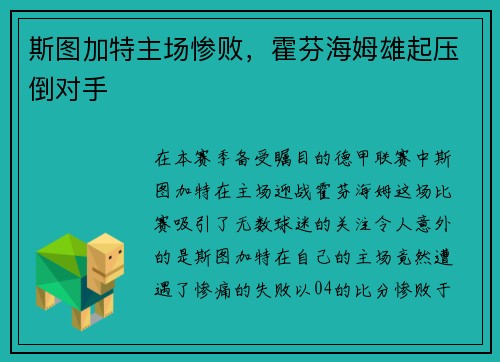斯图加特主场惨败，霍芬海姆雄起压倒对手
