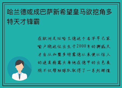 哈兰德或成巴萨新希望皇马欲挖角多特天才锋霸