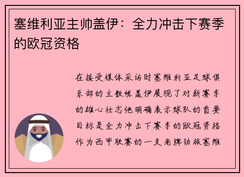 塞维利亚主帅盖伊：全力冲击下赛季的欧冠资格