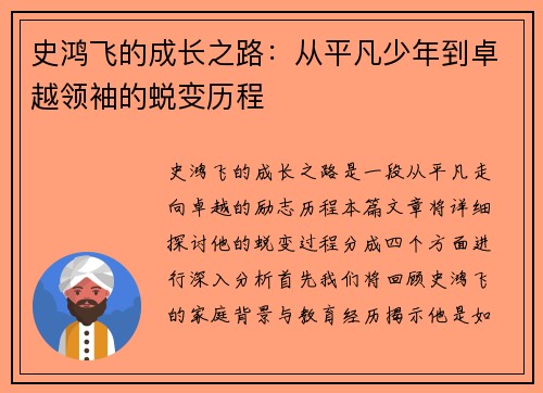 史鸿飞的成长之路：从平凡少年到卓越领袖的蜕变历程