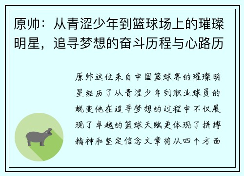 原帅：从青涩少年到篮球场上的璀璨明星，追寻梦想的奋斗历程与心路历程