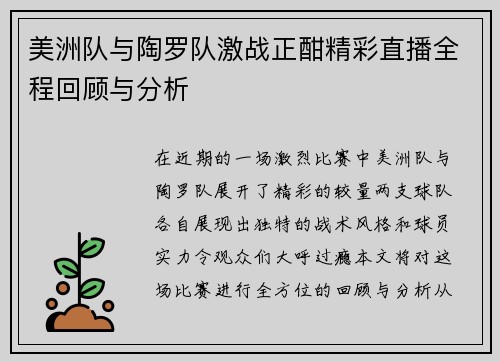 美洲队与陶罗队激战正酣精彩直播全程回顾与分析