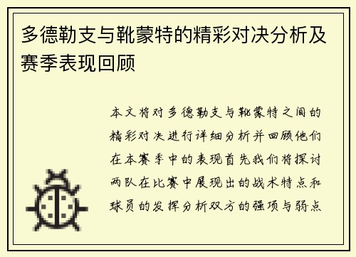 多德勒支与靴蒙特的精彩对决分析及赛季表现回顾