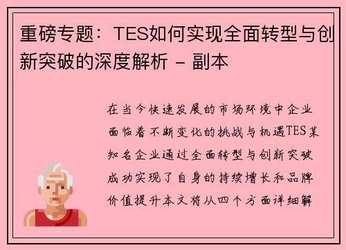重磅专题：TES如何实现全面转型与创新突破的深度解析 - 副本
